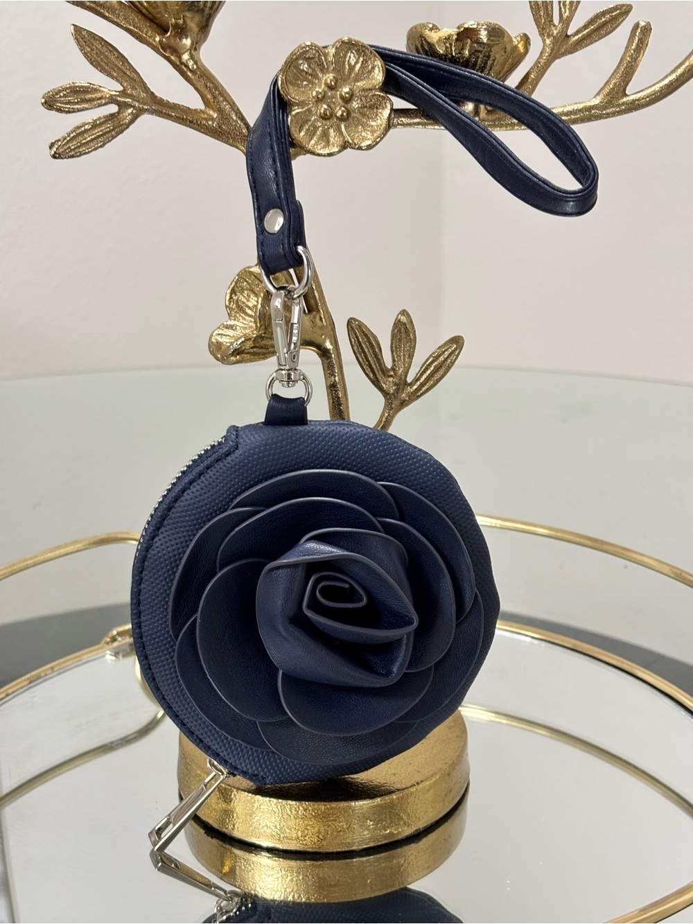 Kate & Mallory 3D Rose Flower Navy Blue Round Coin Purse Wristlet Keychain
